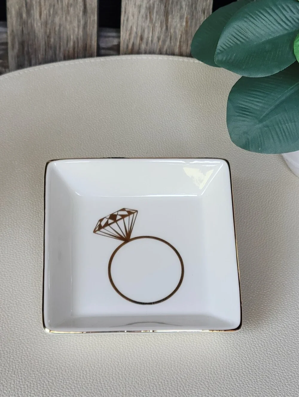 White Porcelain Ring Dish with Gold Diamond Motif